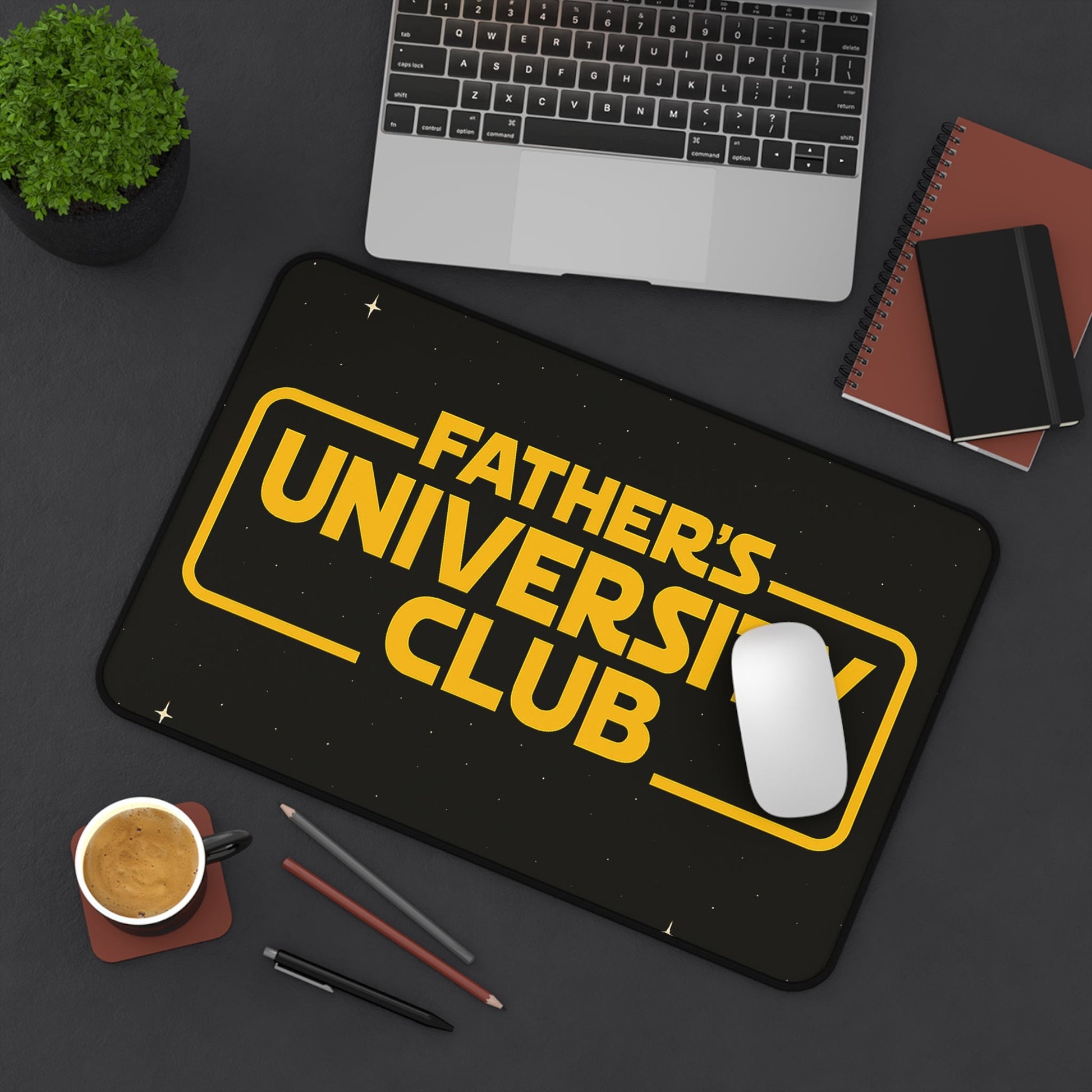 Father's University Club Desk Mat on a workspace with a laptop and stationery.