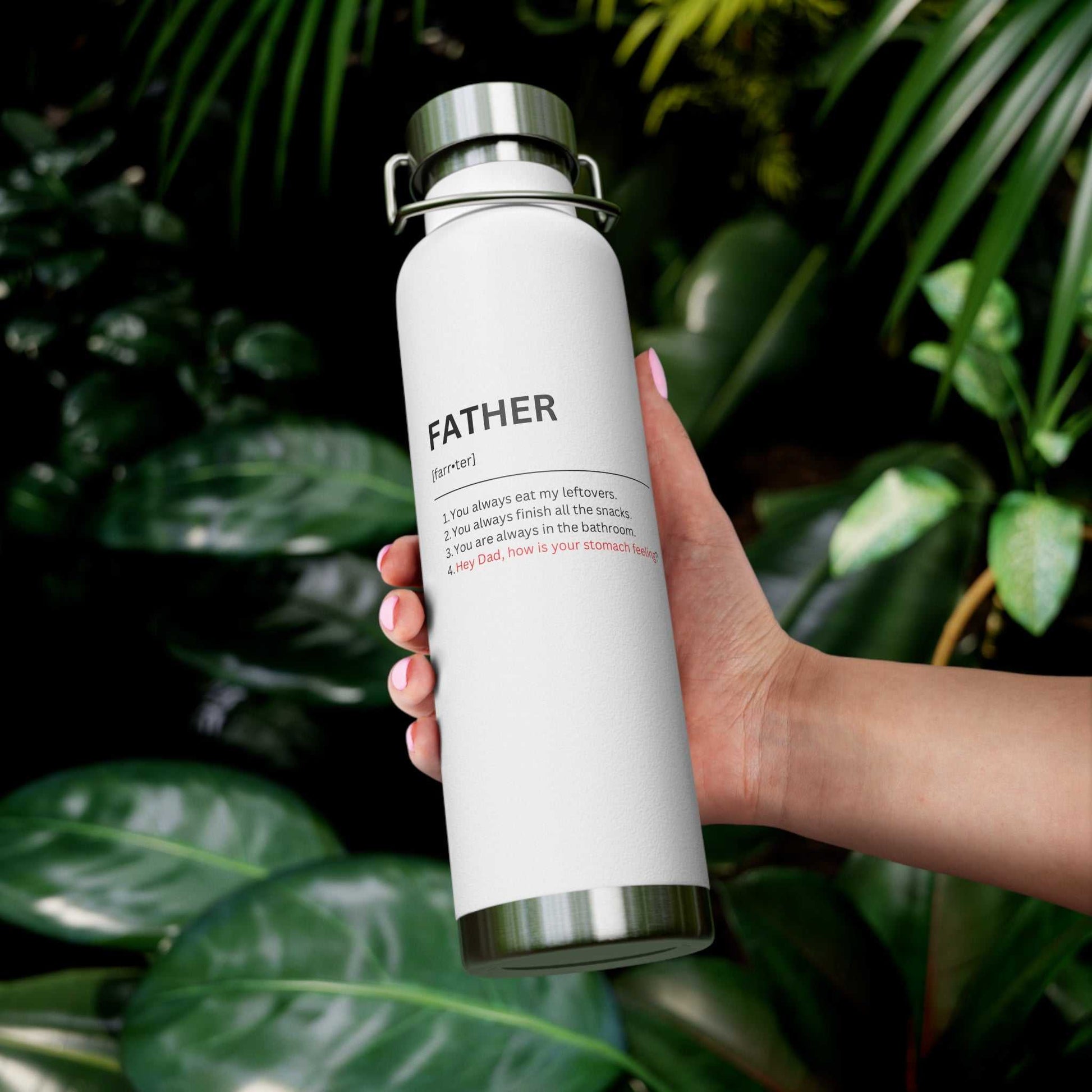 22oz copper vacuum insulated bottle with funny jokes about fathers, spill-resistant, stainless steel, ideal for Father's Day.