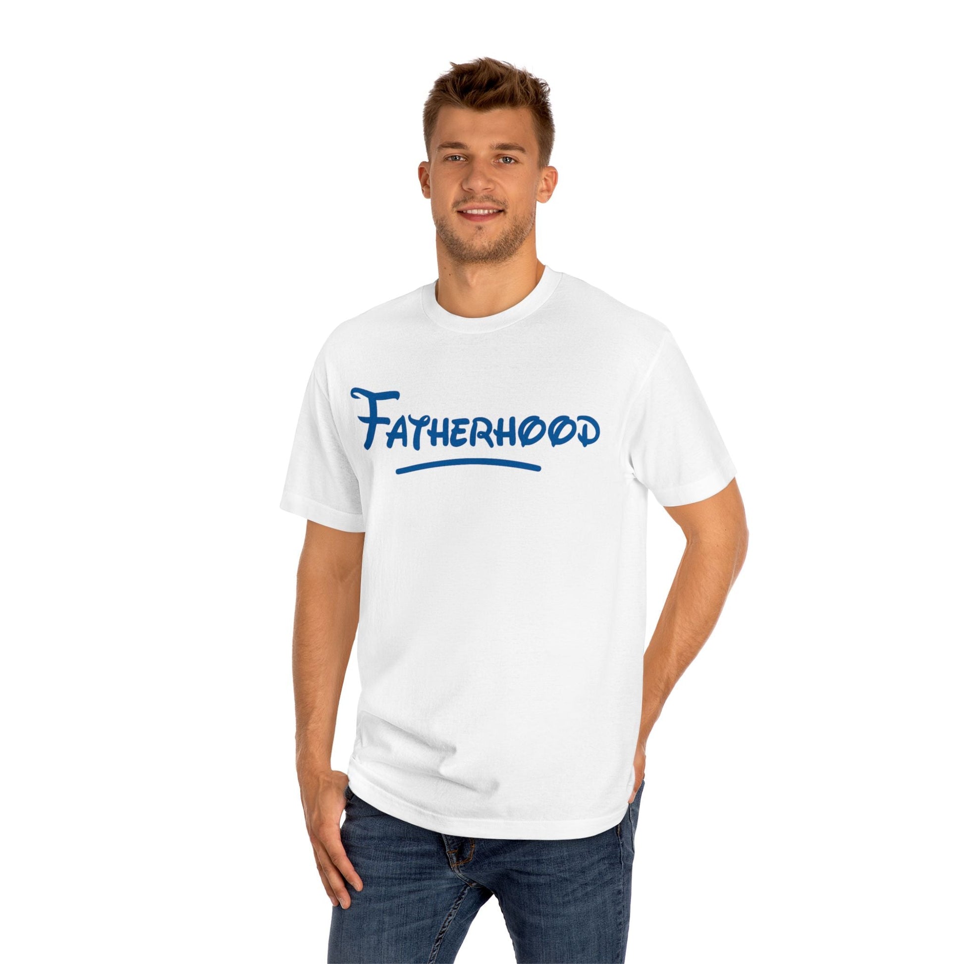 Unisex Fatherhood Tee showcasing bold text, perfect for proud dads, ideal for casual wear, Father's Day, and birthday gifts.