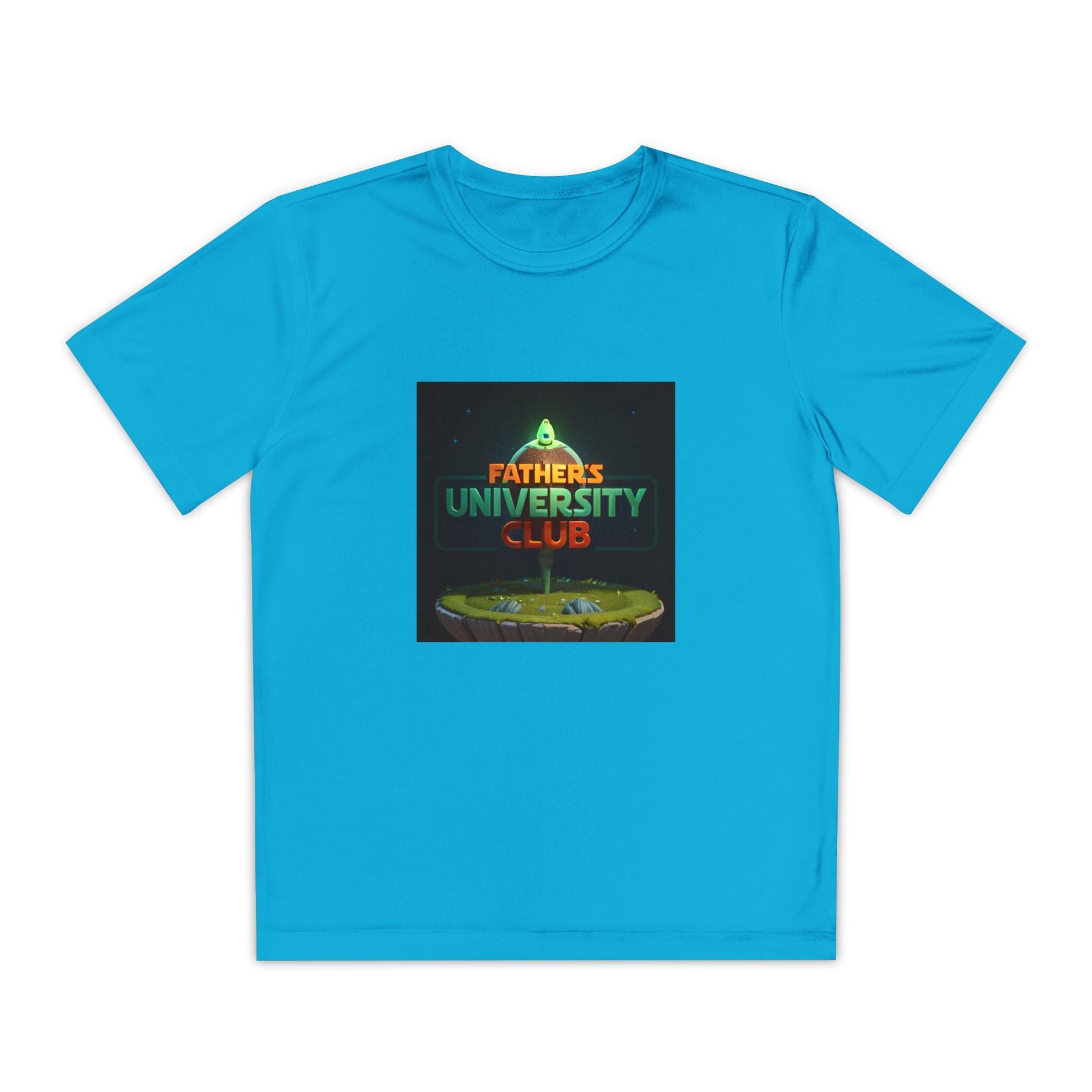 Blue youth sports tee with "Father's University Club" graphic, moisture-wicking polyester, athletic fit