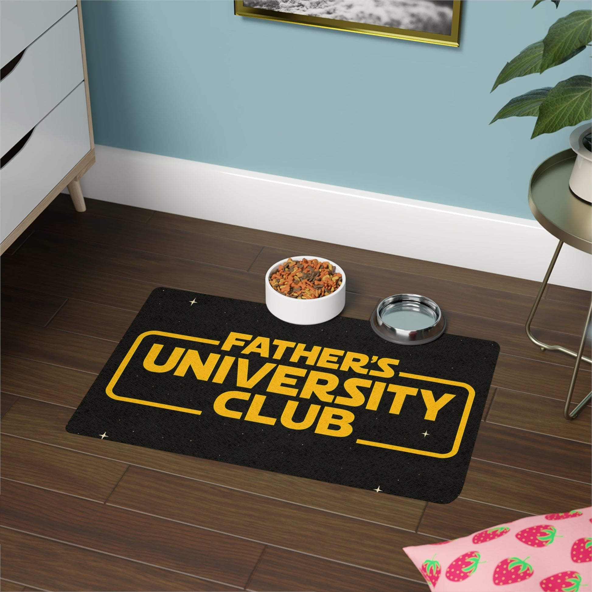 Father's University Club Pet Food Mat with anti-slip backing on wooden floor, featuring vibrant design.