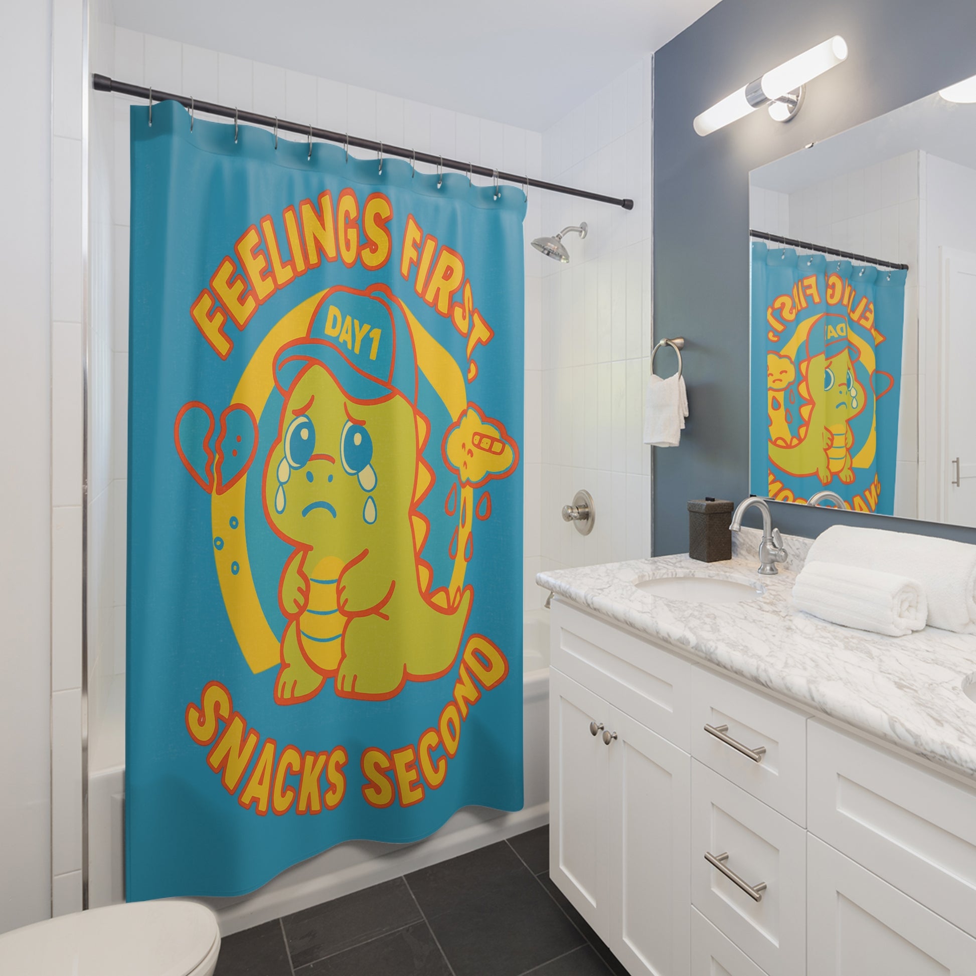 Weepy Rex Feelings First Shower Curtain - Cute Dinosaur Bathroom Decor