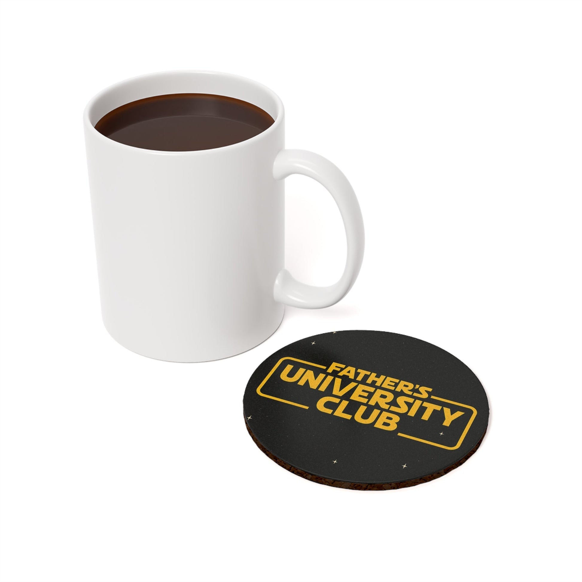 Father's University Club Coaster with cork backing and black glossy design, paired with a ceramic mug.