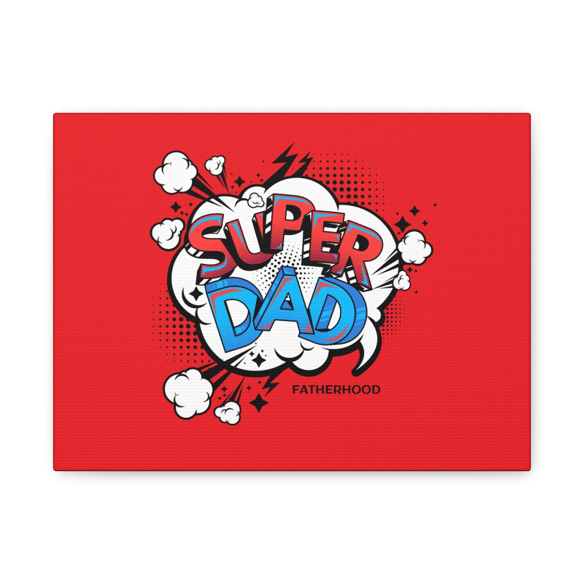 Vibrant Super Dad canvas wall art with bold design celebrating fatherhood on red background.