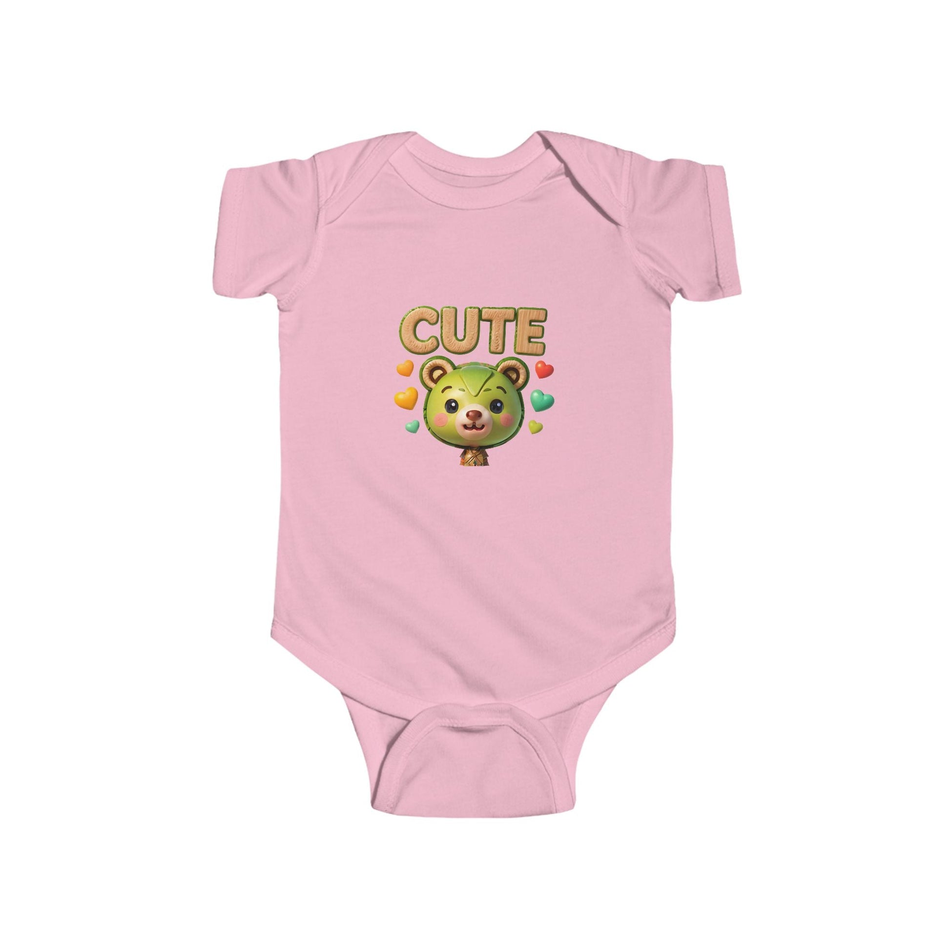 Pink infant bodysuit with cute bear design and colorful hearts, made from soft 100% cotton.