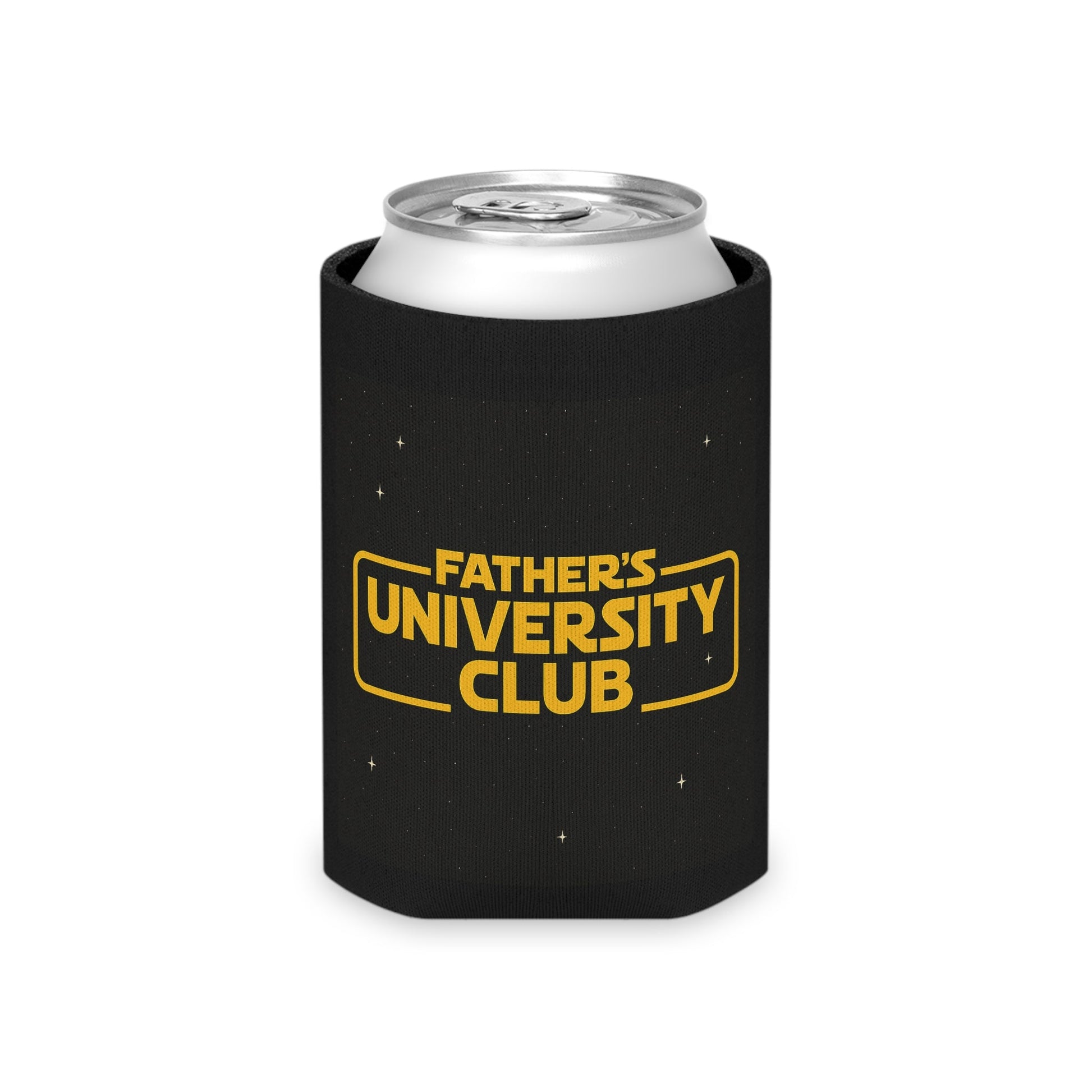 Black Father's University Club can cooler with yellow text, designed for regular cans and outdoor use.