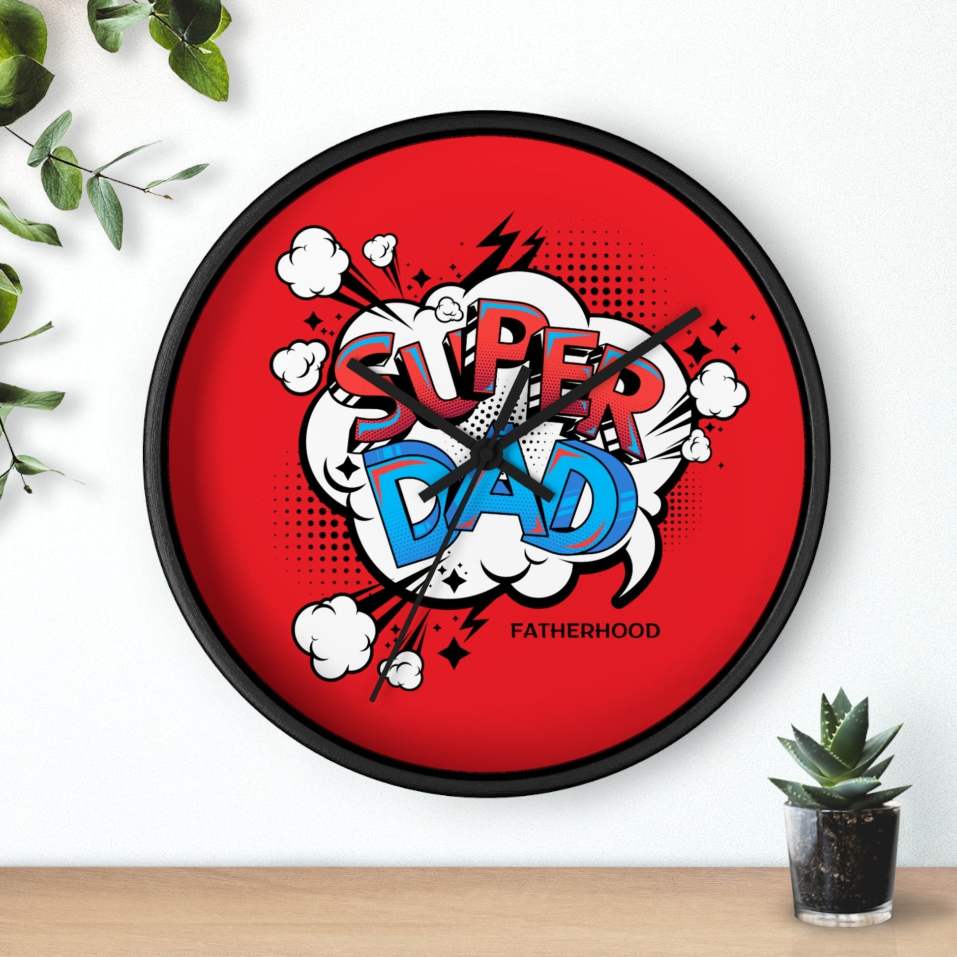 Super Dad Wall Clock with vibrant red background and playful design celebrating fatherhood, black frame.