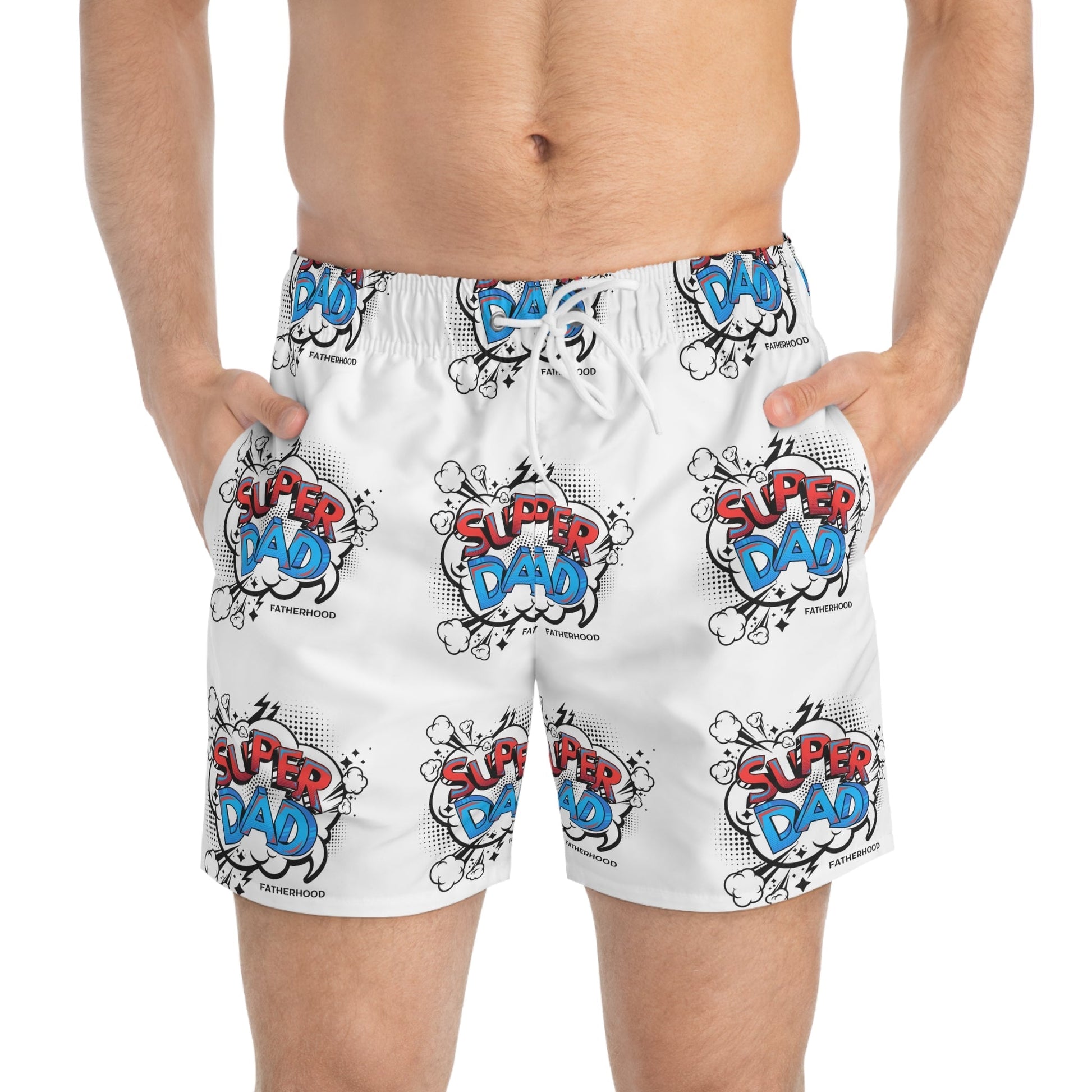 Super Dad Swim Trunks with fun design, vibrant colors, ideal for Father’s Day and beach vacations.