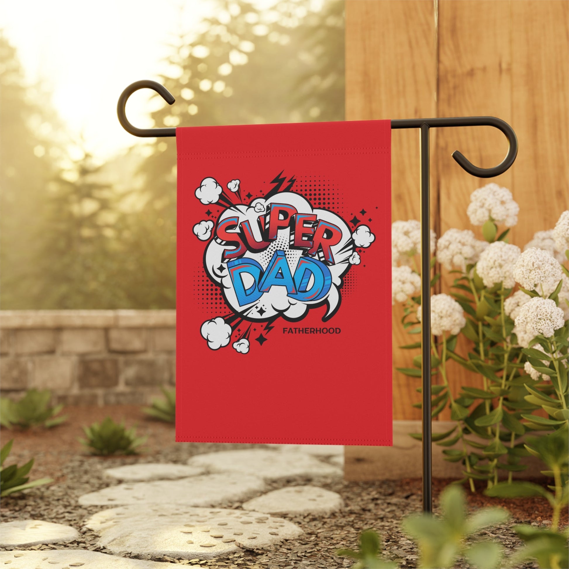 Heroic Dad Garden Banner with vibrant colors and comic-style design displayed in a garden setting.