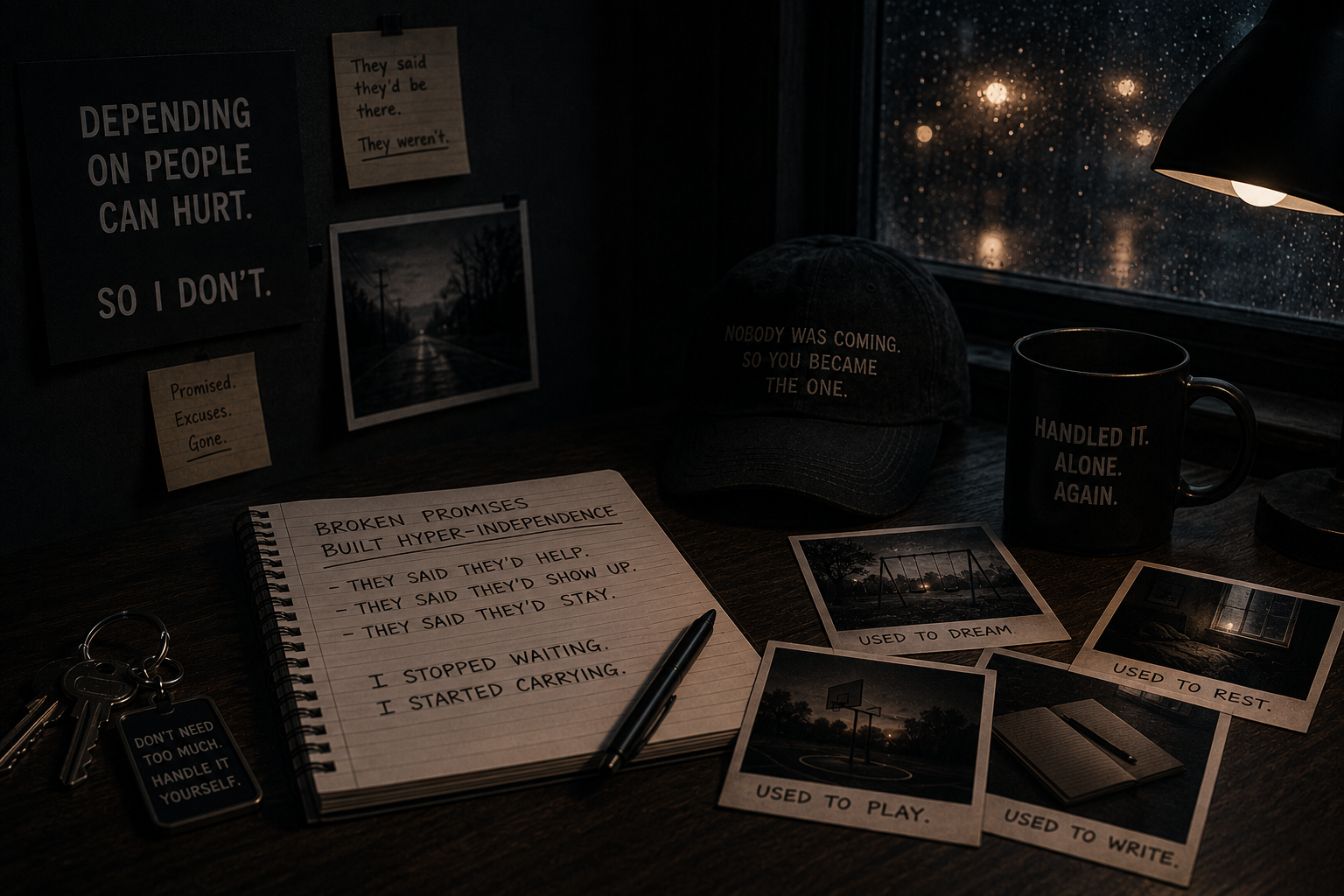 Dark cinematic desk with an open notebook, keys, empty-place photographs, and rain outside, symbolizing broken promises, early responsibility, and hyper-independence carried into adulthood.