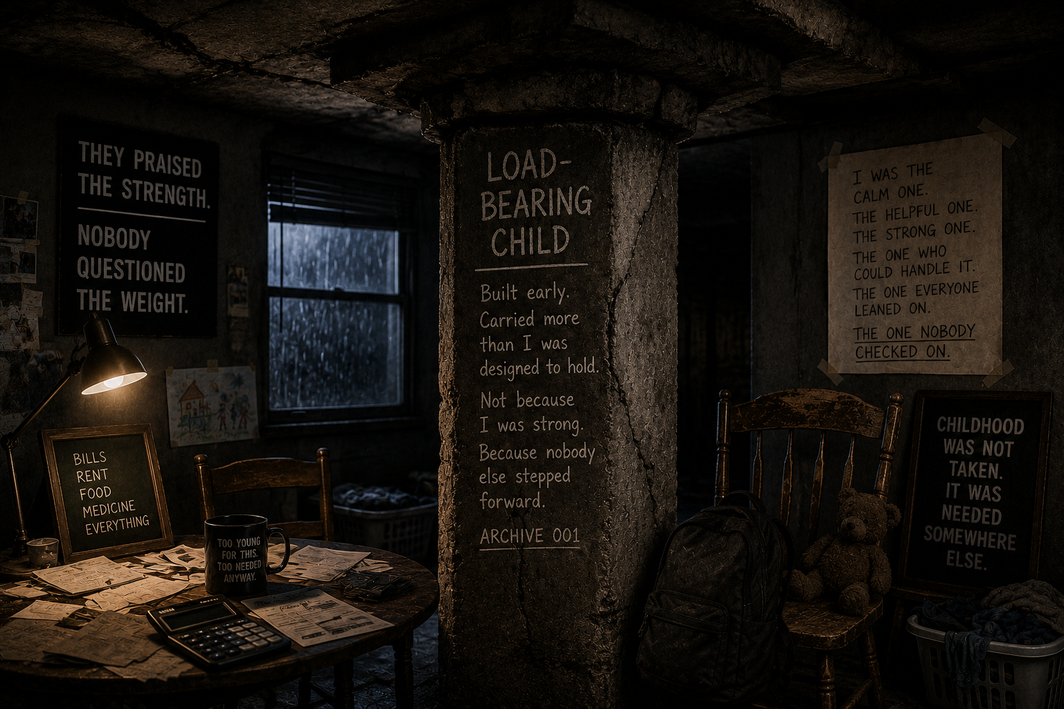 A dark, cracked support column bears the weight of a heavy structure while an empty chair and scattered household responsibilities surround it, symbolizing the load-bearing child who became dependable too early.