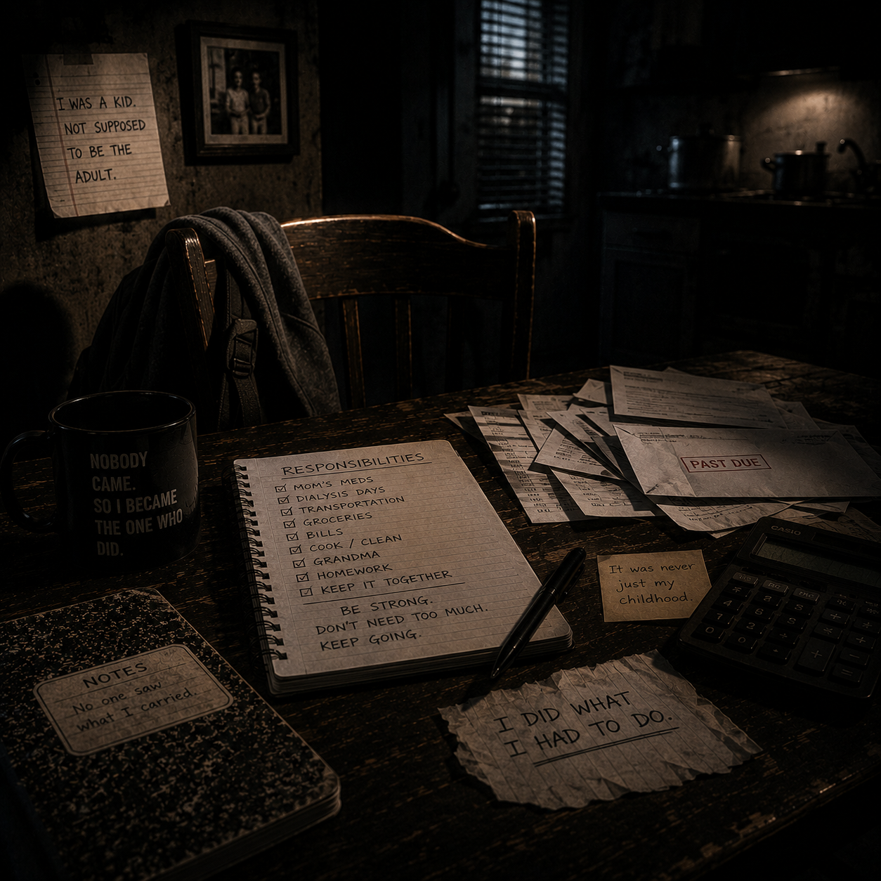 A dark empty room with a worn chair, old household objects, unpaid bills, and a small stack of responsibilities left on a table, symbolizing a childhood shaped by early pressure, survival, and becoming useful before having time to simply grow up.