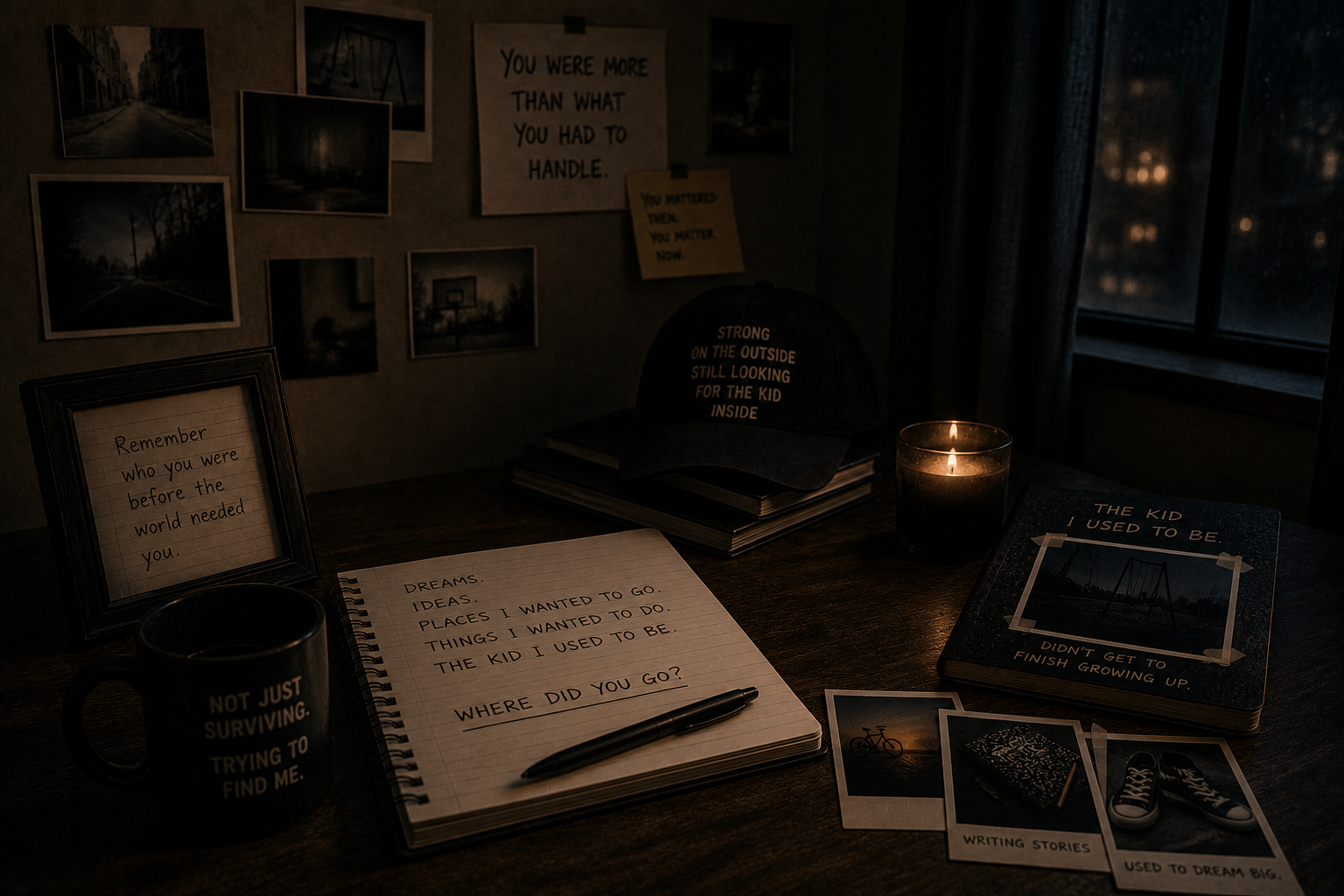 Dark cinematic desk with an open notebook, old photographs, empty playground imagery, and personal objects symbolizing an adult searching for the parts of themselves lost beneath years of responsibility.