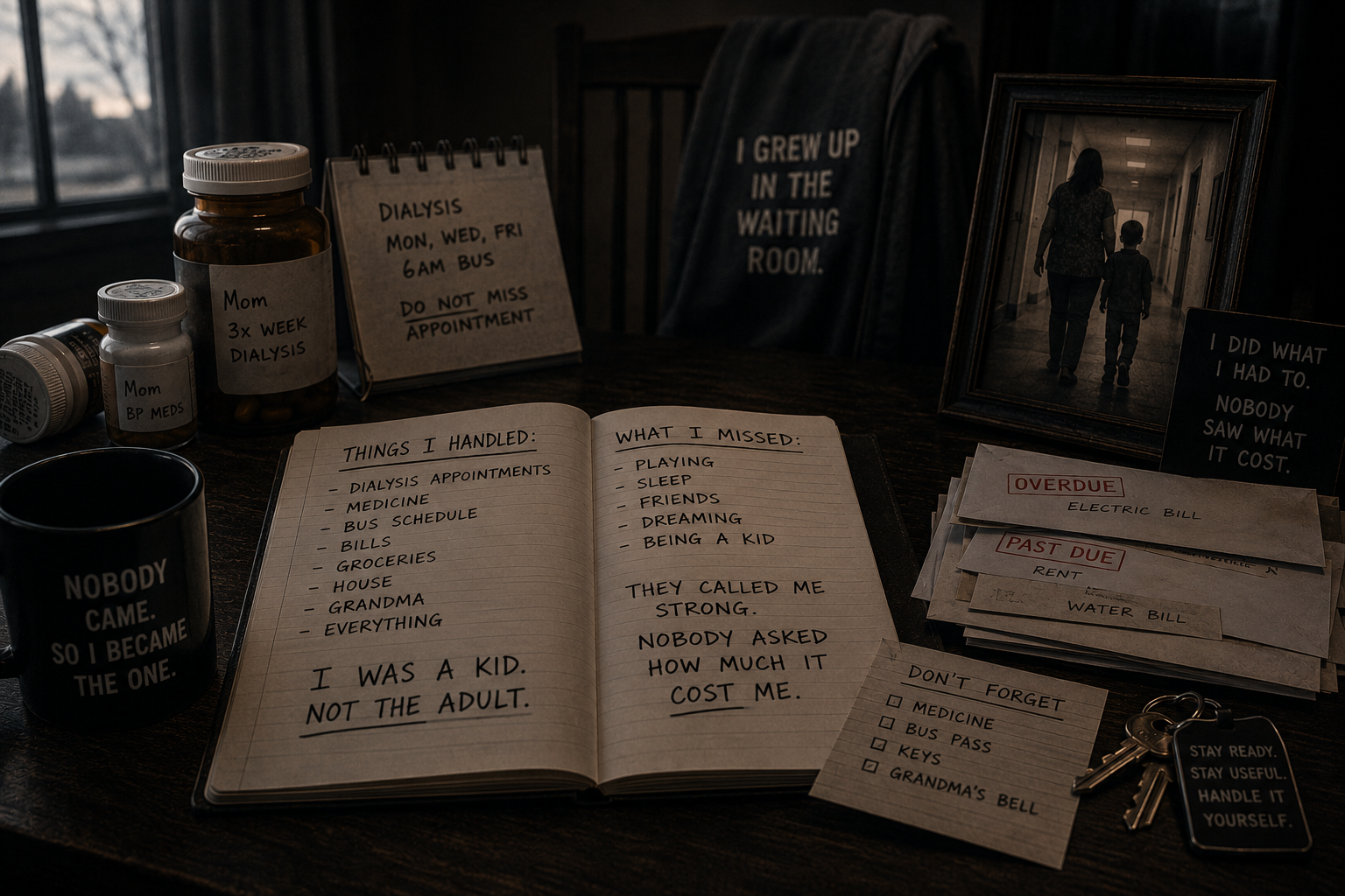Dark cinematic still life with medicine bottles, overdue bills, an empty chair, and caregiving reminders symbolizing parentification and adult responsibility carried from childhood into adulthood.