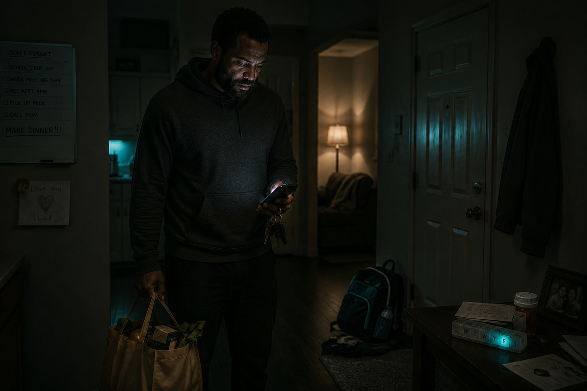 An exhausted adult stands alone at night holding groceries and checking a phone beside a child’s backpack and medication, capturing the quiet weight of feeling responsible for everyone.
