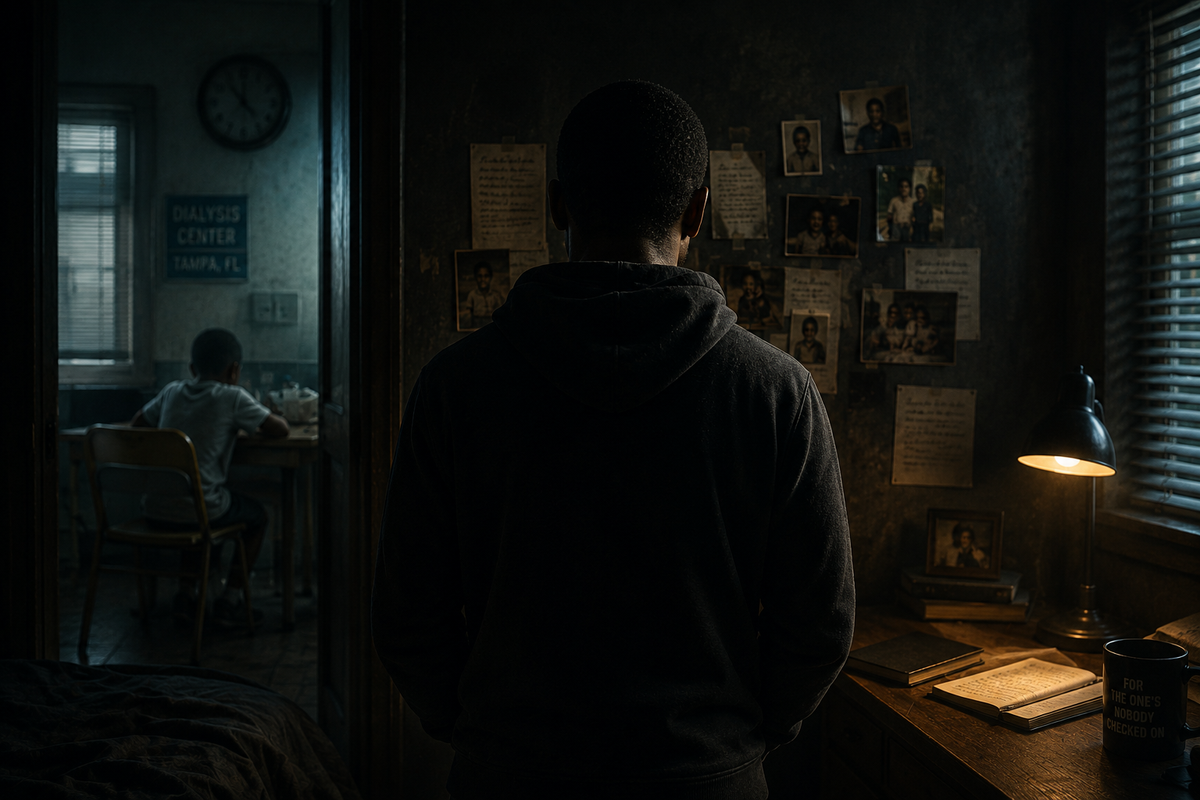 an older adult standing in a dark room while a faint childhood memory of a hospital waiting room or kitchen table feels visually present in the same frame.