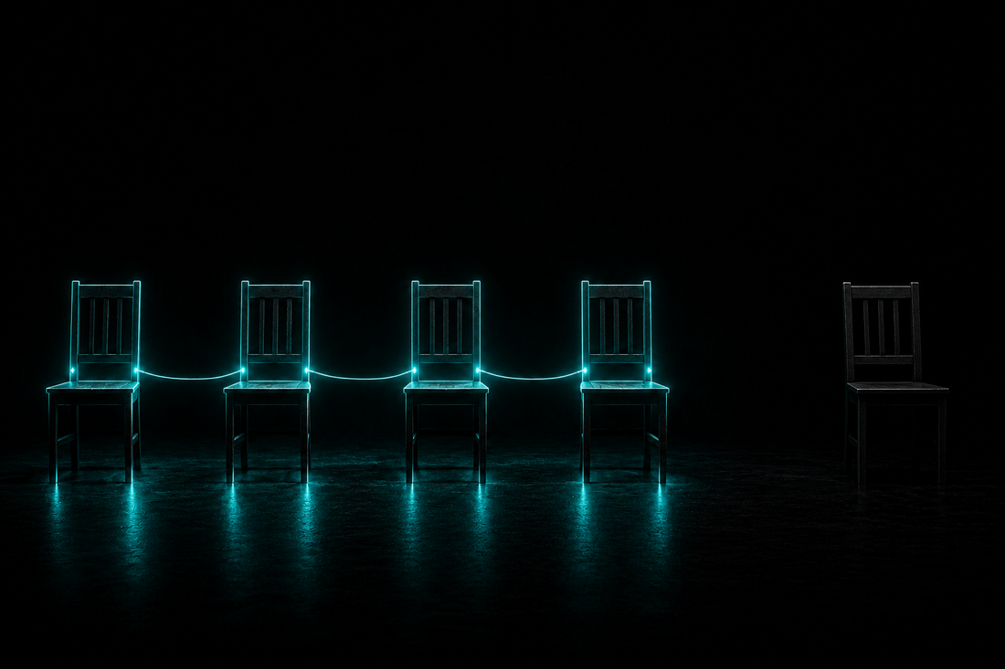 Isolated fifth chair separated from four connected chairs by glowing teal line on black background symbolizing the leftover child.