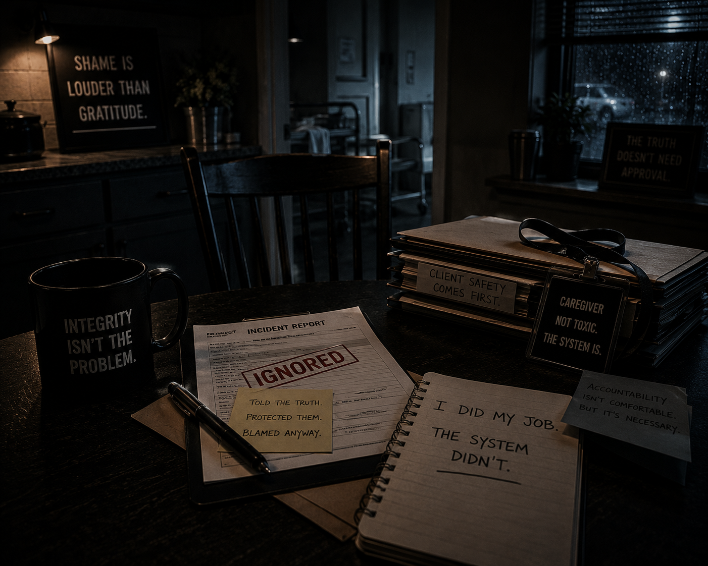 An empty chair at a dark caregiving worktable with an ignored incident report, caregiver badge, paperwork, and handwritten notes, symbolizing caregiver blame, moral injury, and the cost of protecting someone inside a broken system.