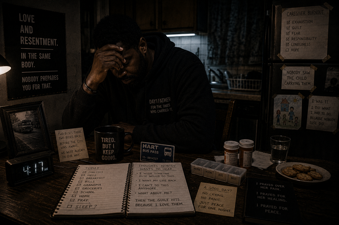 An exhausted adult sits alone in a dim kitchen after a long caregiving day, with medicine bottles, a bus pass, and an untouched meal nearby, symbolizing caregiver burnout, guilt, and responsibility carried from childhood into adulthood.