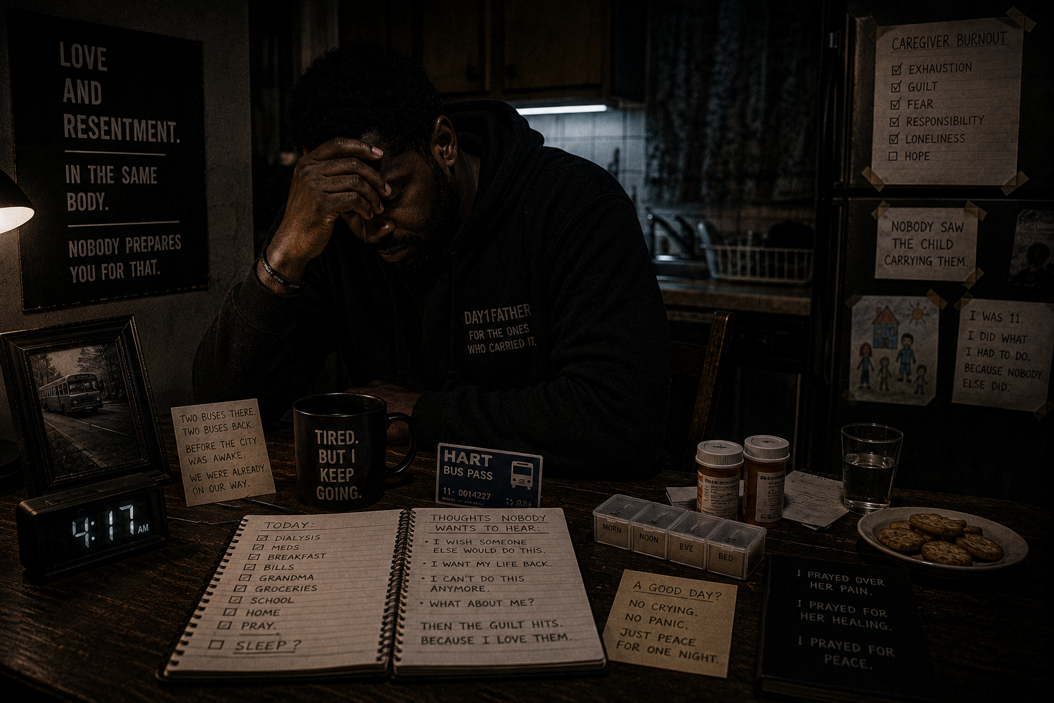 An exhausted adult sits alone in a dim kitchen after a long caregiving day, with medicine bottles, a bus pass, and an untouched meal nearby, symbolizing caregiver burnout, guilt, and responsibility carried from childhood into adulthood.