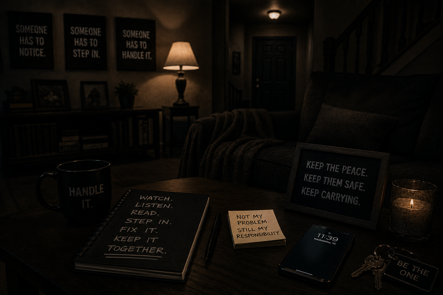 An exhausted adult stands alone between two dim rooms at night, listening for tension while a silent phone, bills, and an untouched chair suggest the responsibility of keeping everything from falling apart.