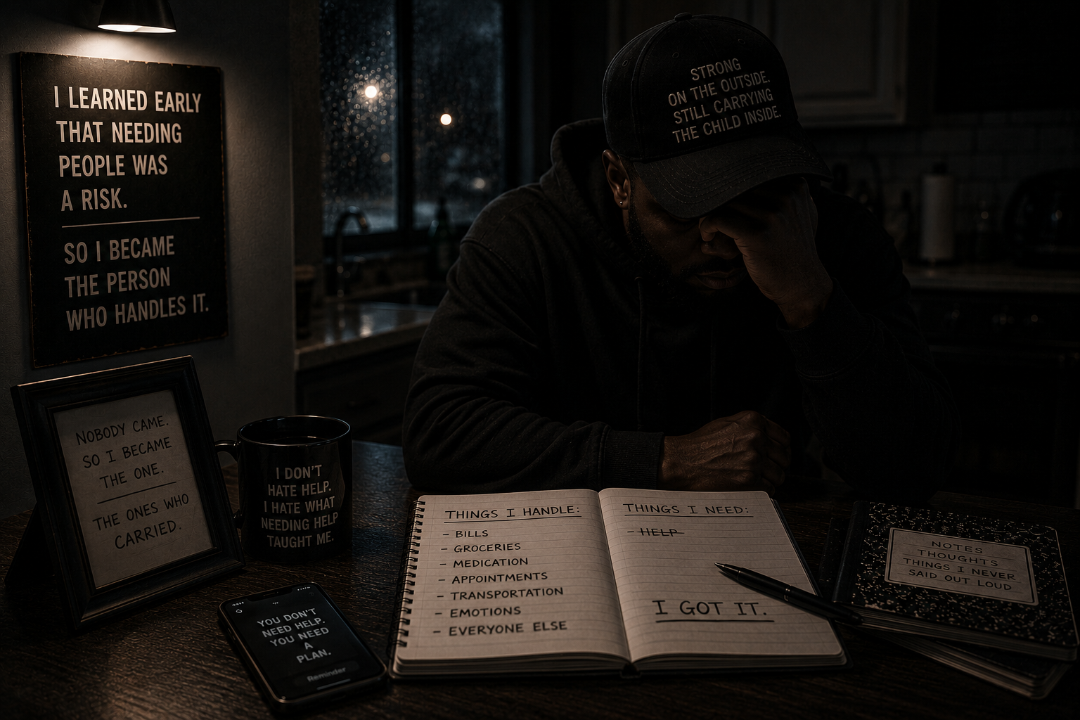 An exhausted adult sits alone at a dark kitchen table with an untouched phone and an unfinished list, symbolizing help that felt unsafe and hyper-independence carried from childhood into adulthood.