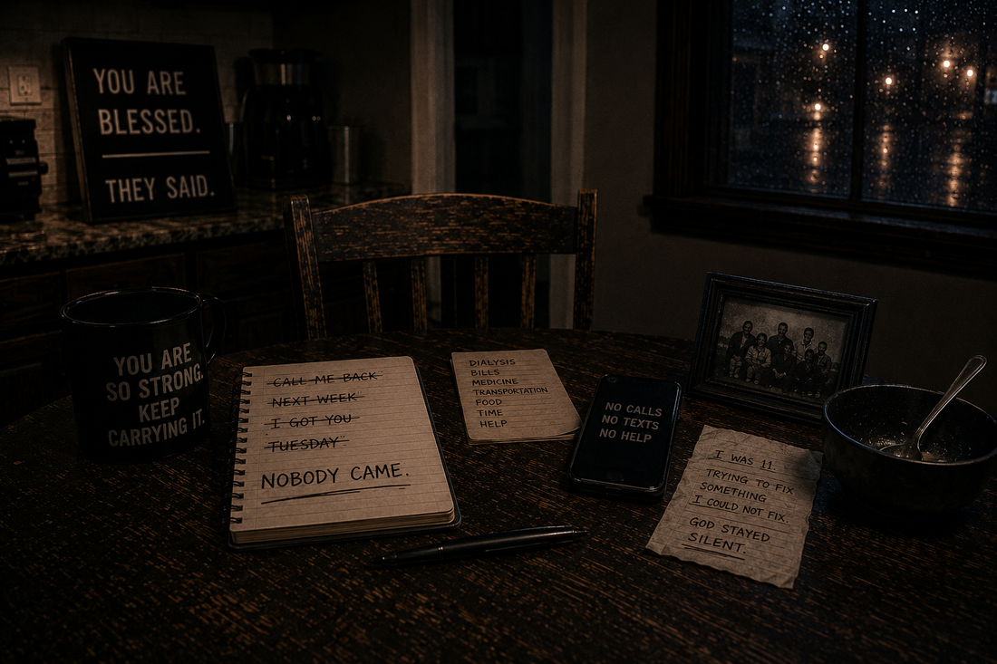 Dark kitchen table with an empty chair, caregiving notes, a silent phone, and reminders of dialysis and unanswered help, symbolizing early caregiving and exhaustion that continues into present-day carrying.