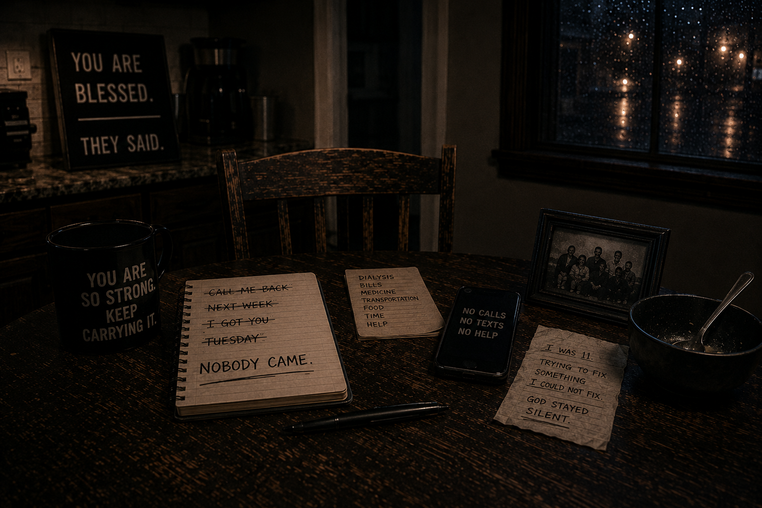 Dark kitchen table with an empty chair, caregiving notes, a silent phone, and reminders of dialysis and unanswered help, symbolizing early caregiving and exhaustion that continues into present-day carrying.