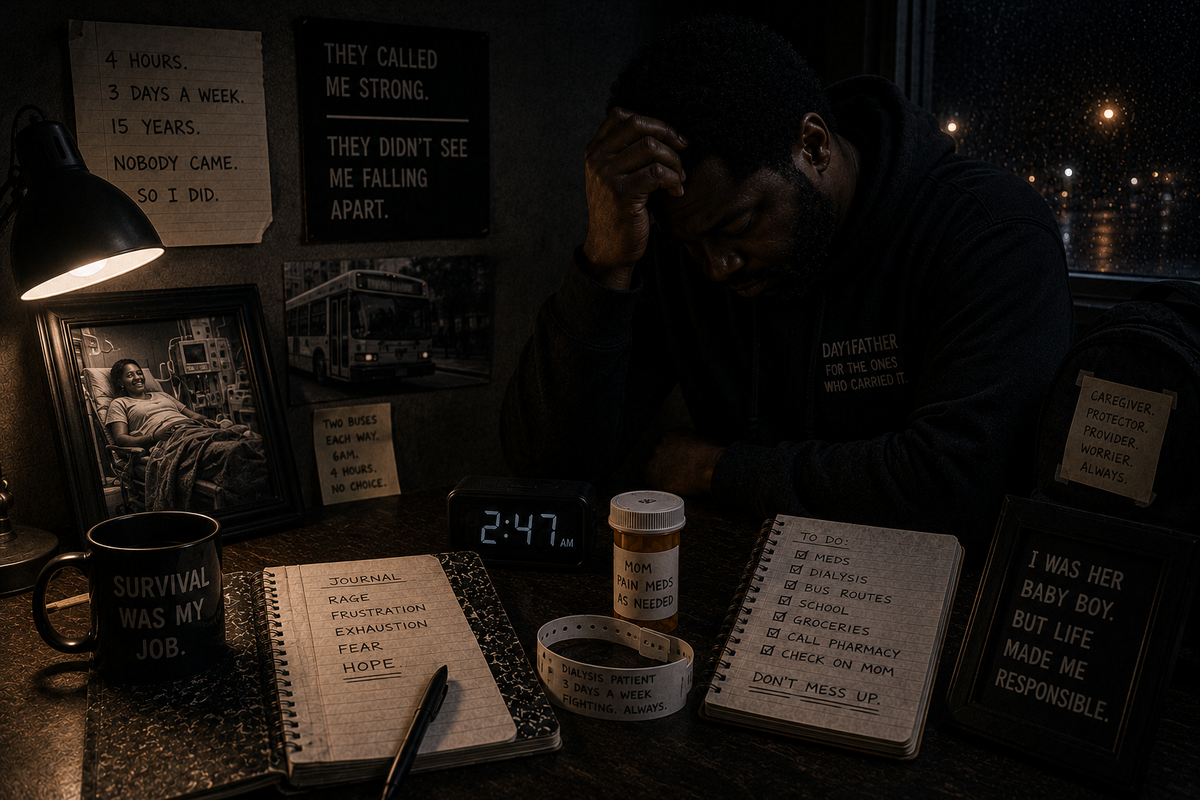 An exhausted adult sits alone at a dark desk beside an old journal, dialysis reminders, and a silent alarm clock, symbolizing the Strong Child who was praised for surviving and grew into an emotionally exhausted adult.