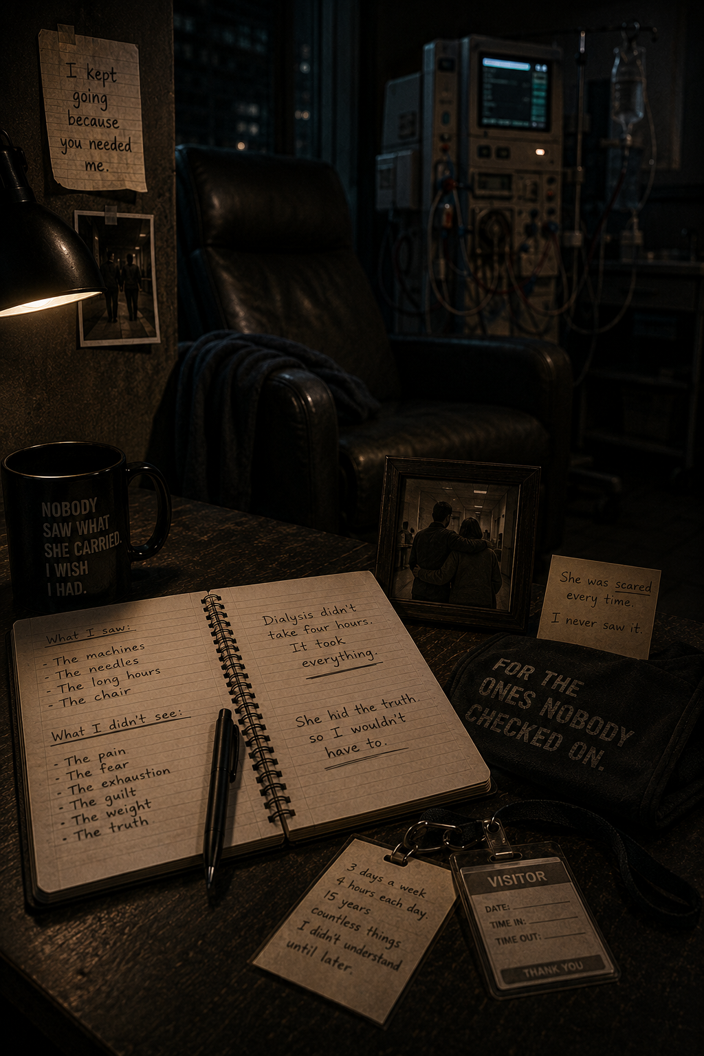 Empty dialysis chair beside treatment equipment in a dark room, with a journal and personal photographs symbolizing the hidden pain a child caregiver did not understand until years later.