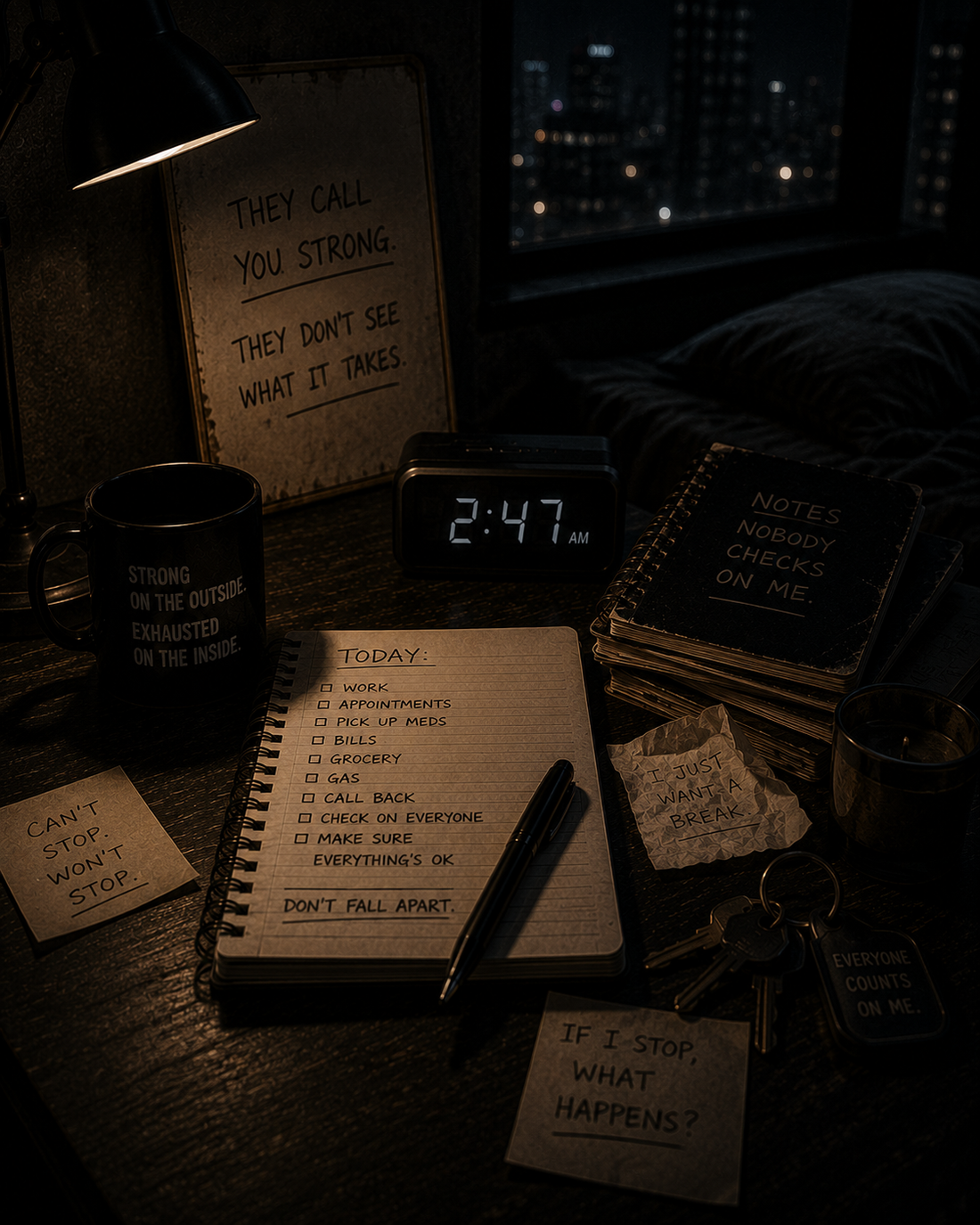 A dark late-night desk with a 2:47 a.m. clock, unfinished responsibilities, keys, notebooks, and handwritten notes about exhaustion, symbolizing the invisible emotional cost of always being the strong one.