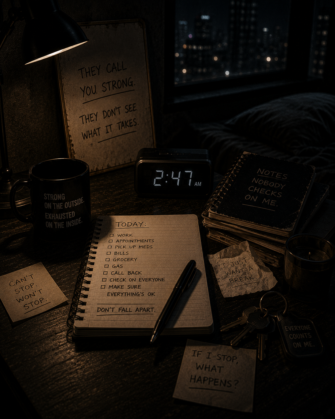 A dark late-night desk with a 2:47 a.m. clock, unfinished responsibilities, keys, notebooks, and handwritten notes about exhaustion, symbolizing the invisible emotional cost of always being the strong one.