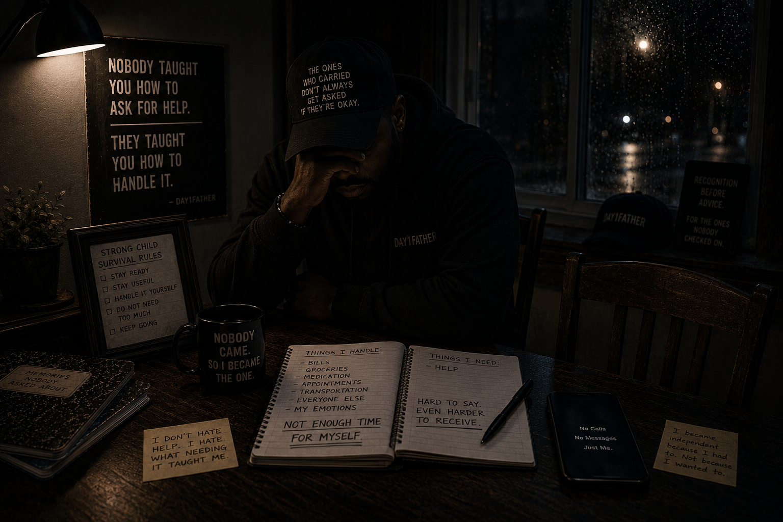 An exhausted adult sits alone at a dark table with a silent phone, unfinished notes, and an empty second chair, symbolizing early lessons that made asking for help feel unsafe in adulthood.