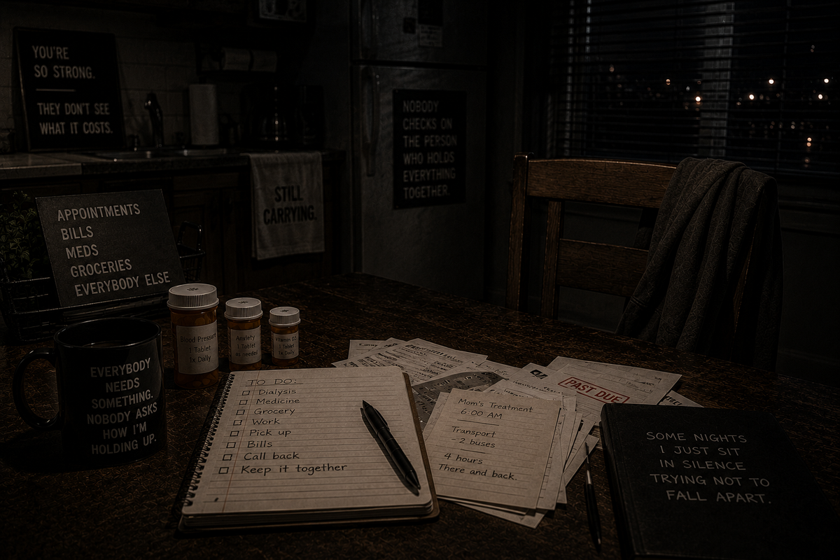 An exhausted adult caregiver sits alone at a dark kitchen table surrounded by medicine, bills, appointment notes, and groceries, symbolizing caregiver burnout and the invisible weight of being the person everyone depends on.