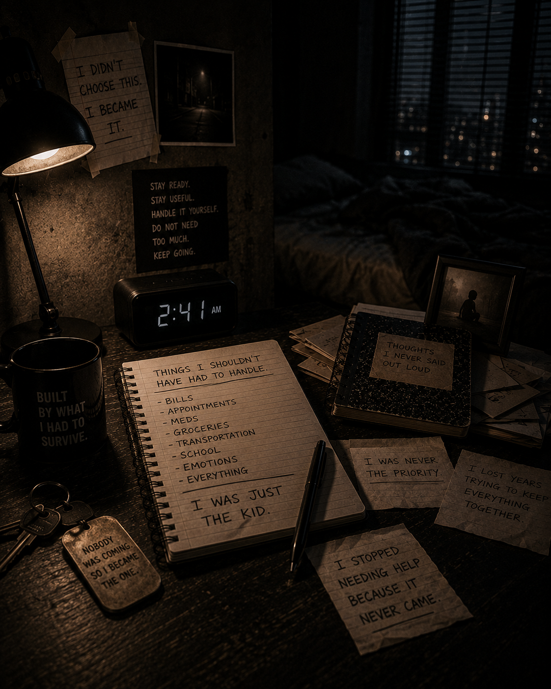 A dark late-night room with an empty bed, alarm clock, keys, notebooks, and handwritten responsibilities scattered across a worn table, symbolizing early responsibility and the survival rules that continue into adulthood.