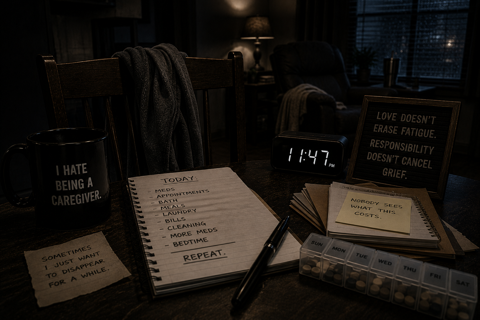 A dark late-night caregiving table with a medication organizer, unfinished task list, empty chair, and notes reflecting exhaustion, resentment, and the invisible cost of carrying too much for too long.