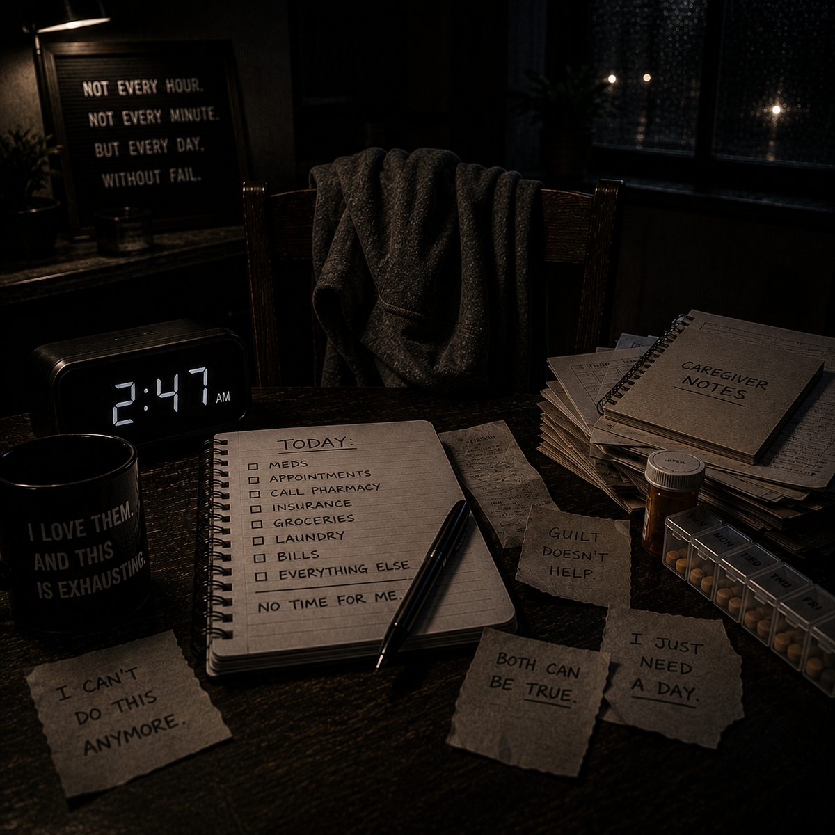 A dark late-night caregiving table with an empty chair, medication organizer, unfinished task list, caregiver notes, and handwritten thoughts about quitting, guilt, and needing relief, symbolizing early caregiving and the mental load.