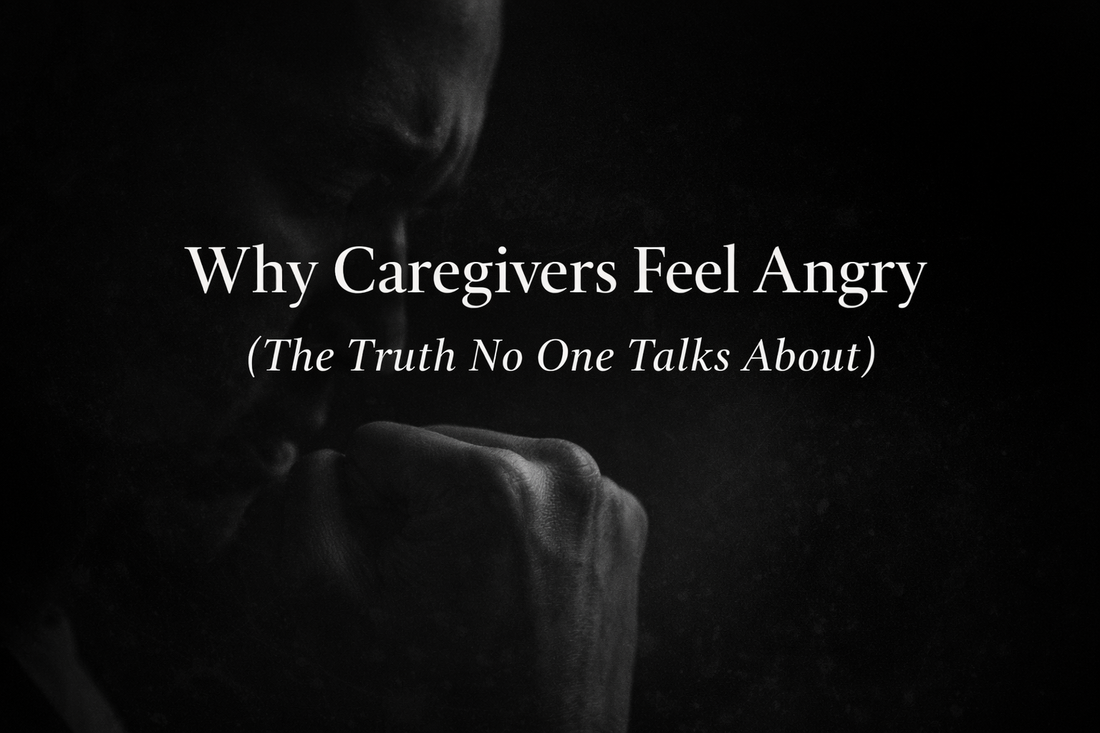 Shadowed caregiver holding back anger and exhaustion, showing the hidden emotional weight of caregiving