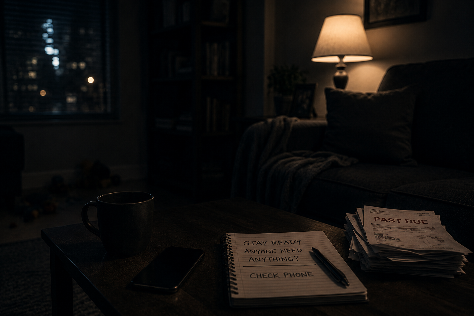 A dark quiet living room at night with an empty couch, phone, coffee mug, notebook, and overdue bills, representing the inability to relax even when nothing is immediately wrong.