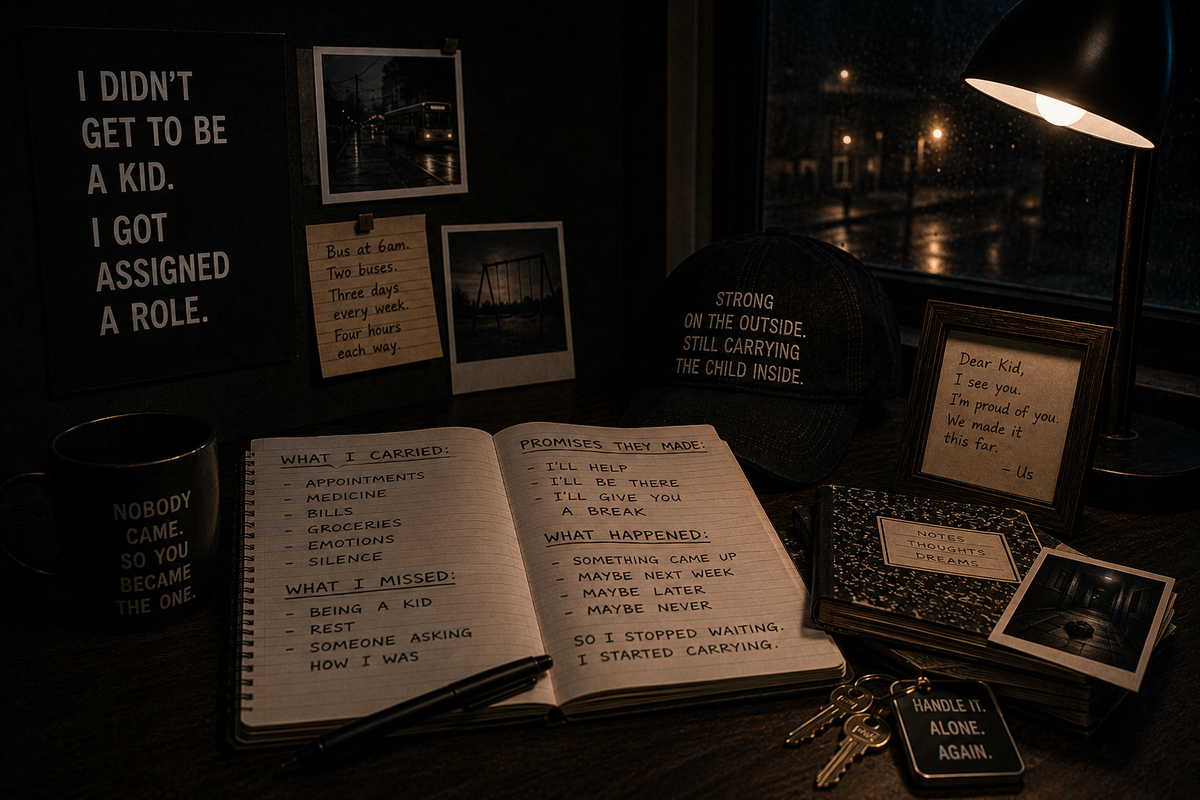 Dark cinematic desk with a journal, medicine and appointment notes, empty swing photo, and reminders of responsibilities carried too early.