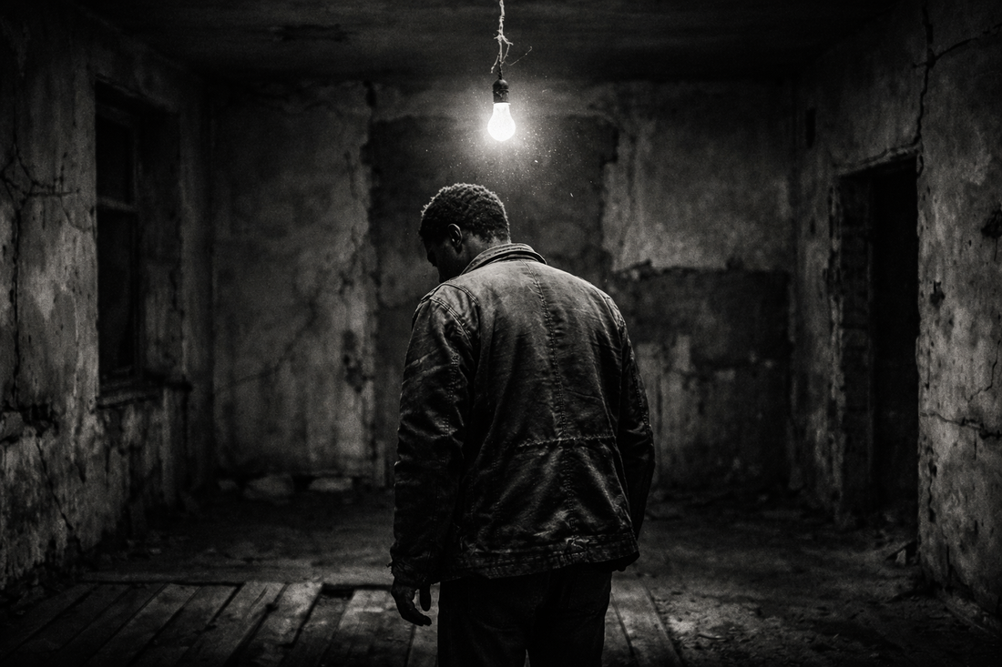 man alone in darkness carrying unseen weight, standing under light, symbolizing pressure no one sees