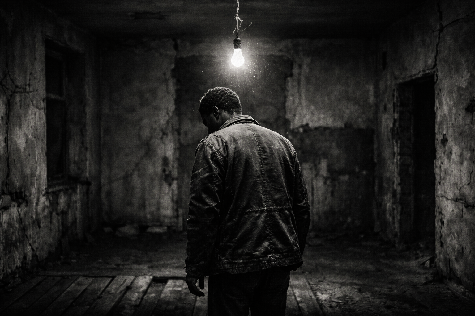 man alone in darkness carrying unseen weight, standing under light, symbolizing pressure no one sees