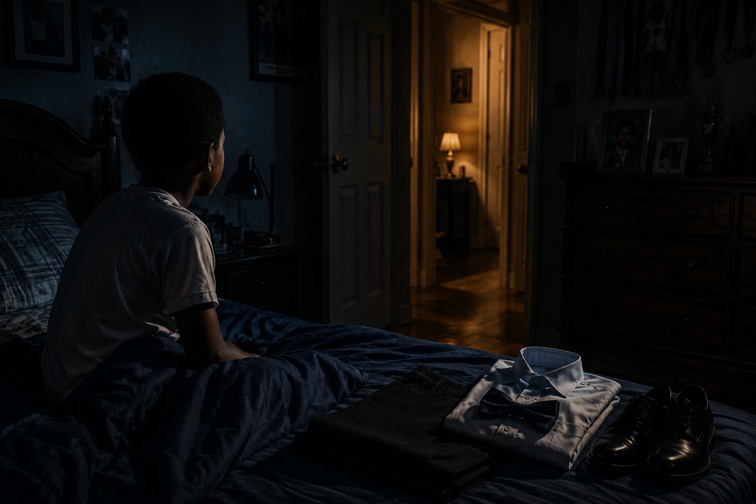 A dark bedroom at night. A young boy dressed for an important school event has his clothes or little bow tie prepared nearby, but he is awake in bed, eyes toward the hallway. A faint doorway glow. The house is quiet.