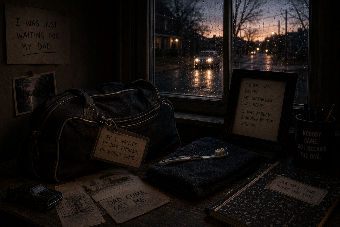 A packed travel bag and toothbrush rest beside a dark rain-streaked window at dusk, symbolizing childhood disappointment and waiting for a parent who never arrived.