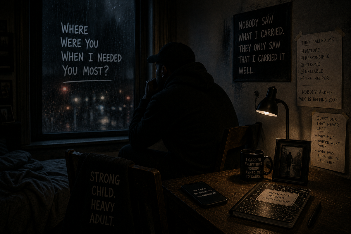 A lone adult sits awake beside a dark window and silent phone at night, with an empty chair nearby, symbolizing unanswered abandonment and the question of who shows up after years of carrying alone.