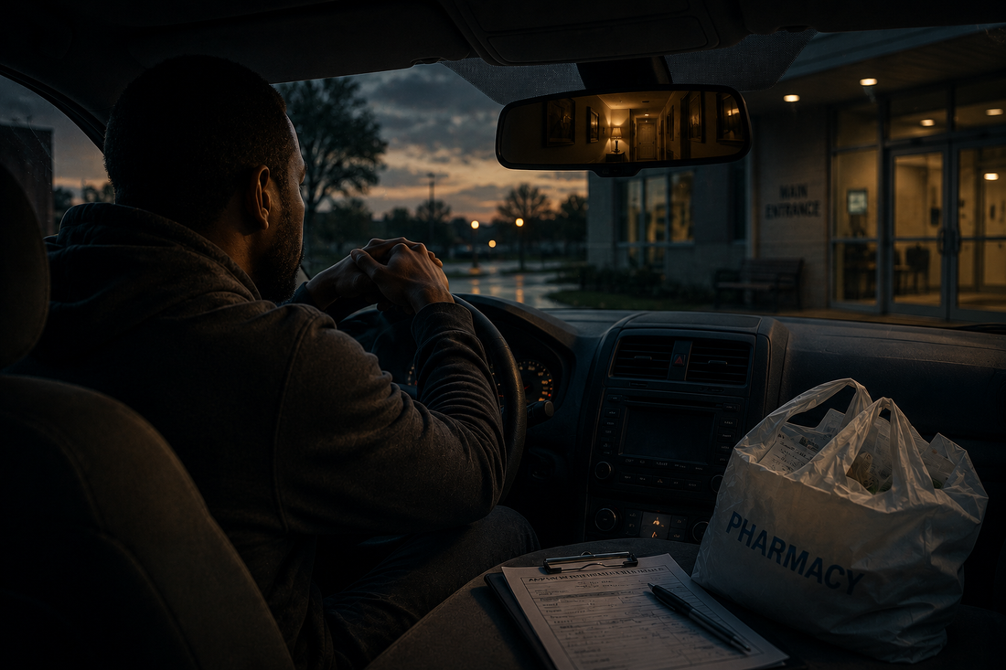 A middle-aged adult sitting in the driver’s seat of a parked car outside a medical building at dusk. Pharmacy bag on the passenger seat. Appointment papers partly visible. Hands resting heavily on the steering wheel.