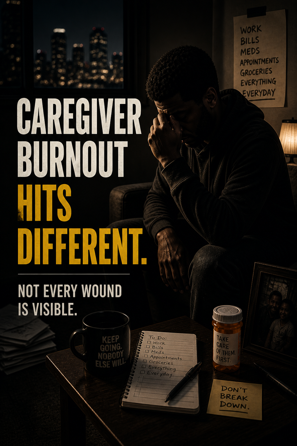 Black man sitting alone in a dark room at night, showing caregiver burnout and emotional exhaustion, with bold text reading Caregiver Burnout Hits Different and Not Every Wound Is Visible