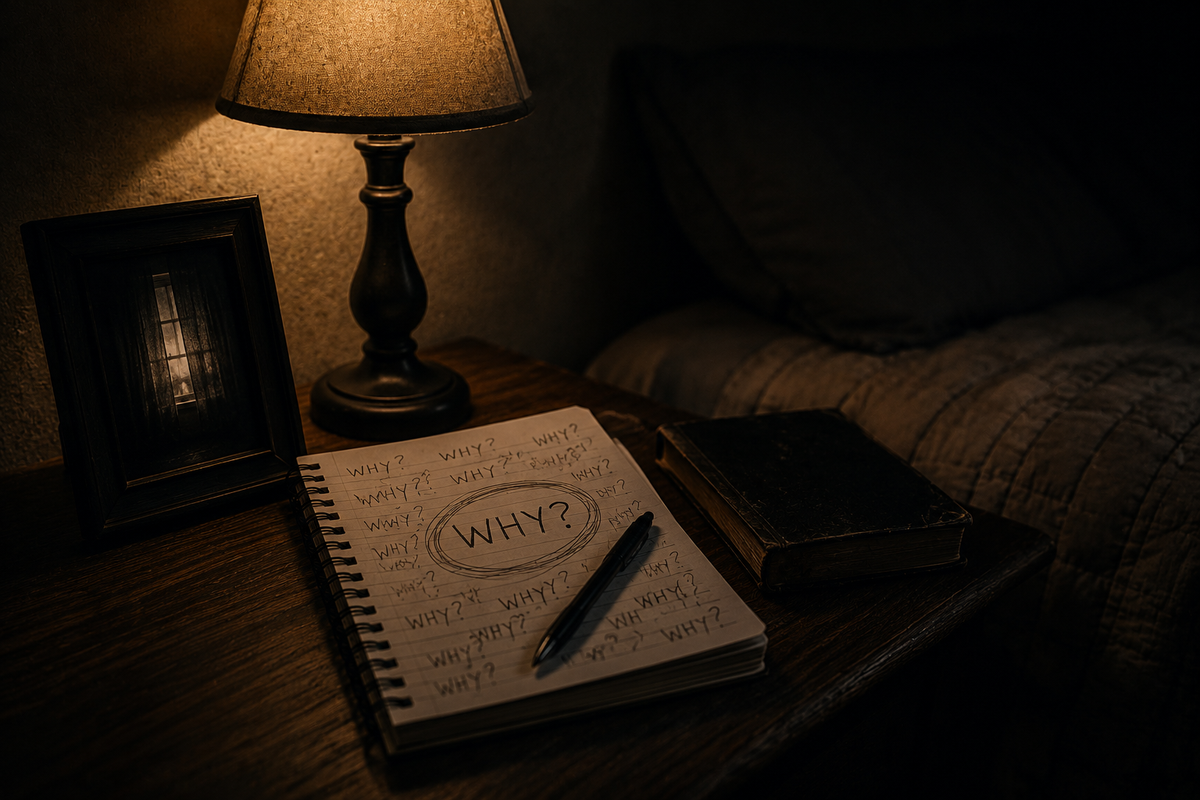 An open journal filled with repeated “WHY?” questions beside a lamp in a dark bedroom, representing the fear of losing love when no longer needed.