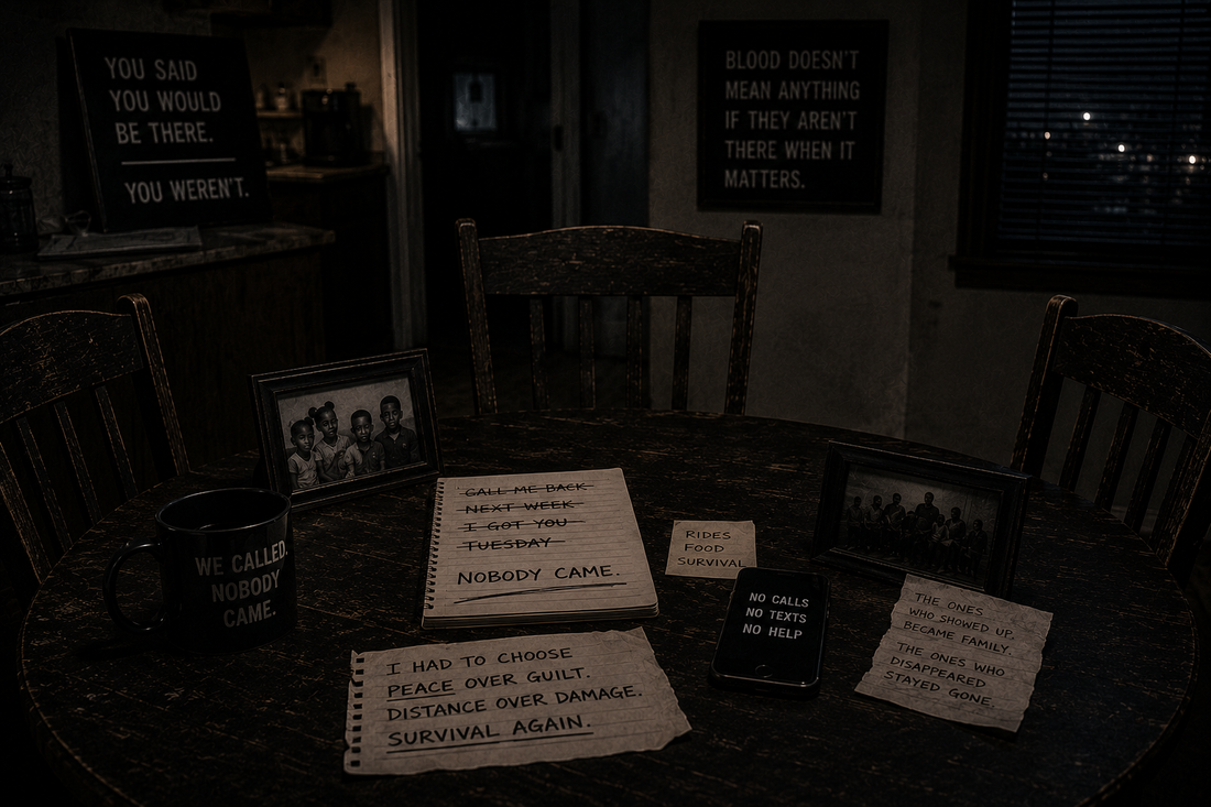 An empty dark kitchen table with several unused chairs, a silent phone, old family photographs, and unanswered notes, symbolizing family absence, broken promises, and the distance learned after carrying alone for years.