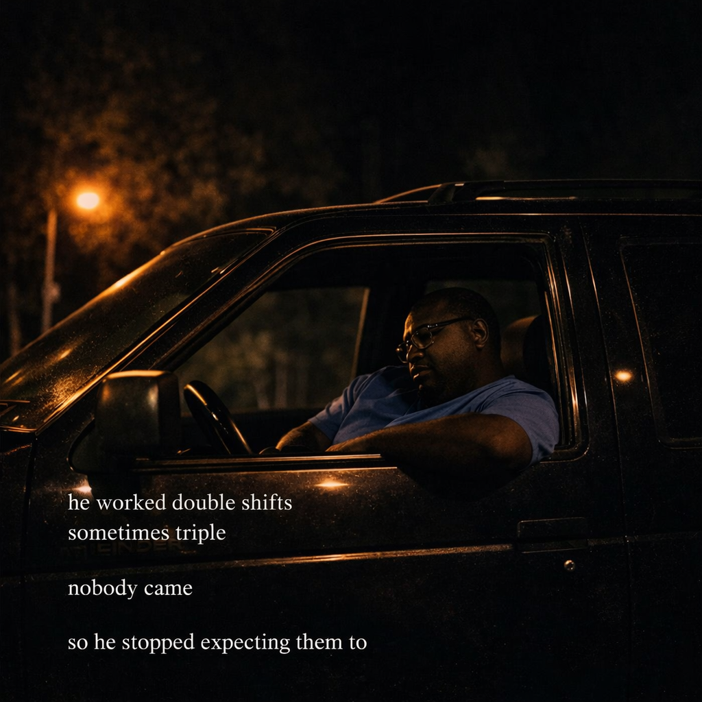 Man in scrubs asleep in his car after long shifts at night under a streetlight, reflecting exhaustion, quiet struggle, and carrying everything alone